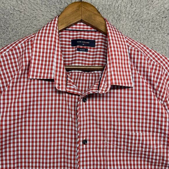 Peter England Shirt Men's 44 Extra Large Red Blue Gingham Check Plaid Slim Fit - Picture 1 of 10